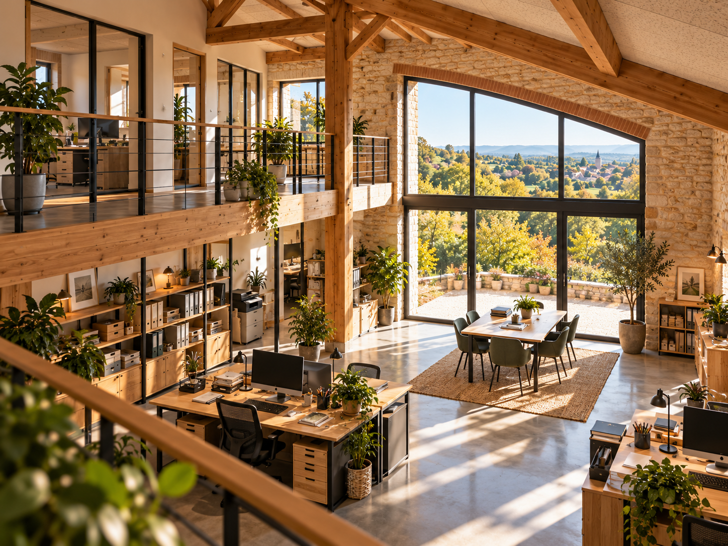 Espace de travail lumineux dans un atelier rénové